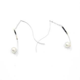 Silver Curly threader earrings with lustrous round white freshwater pearls