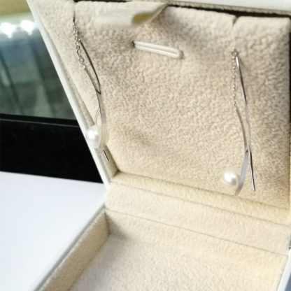 Silver Curly threader earrings with lustrous round white freshwater pearls - Image 2